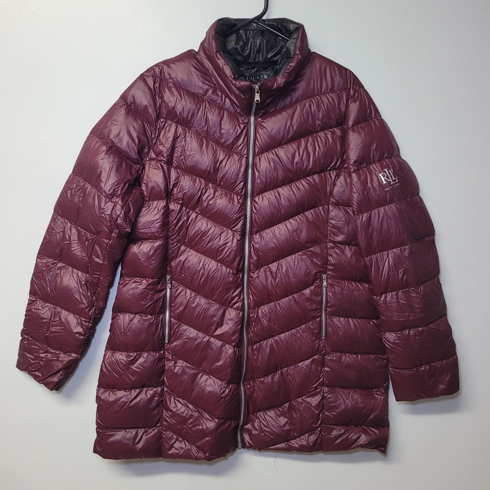 Lauren Ralph Lauren Womens XL Puffer Jacket Burgundy Down Insulated Quilted Coat